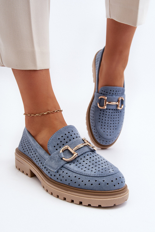 Dámské modré mokasíny s vyšívanými detaily a ozdobou Talesse