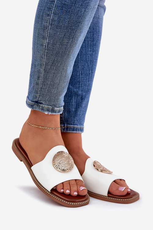 Eko kožené pantofle na plochém podpatku s ozdobou bílé Tatereia