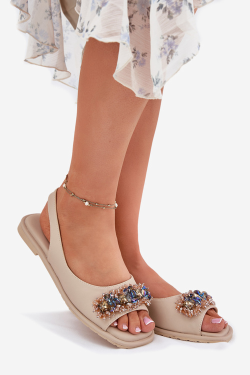 Dámske Ploché Sandále S Kryštálmi S.Barski KV51-079 Béžové