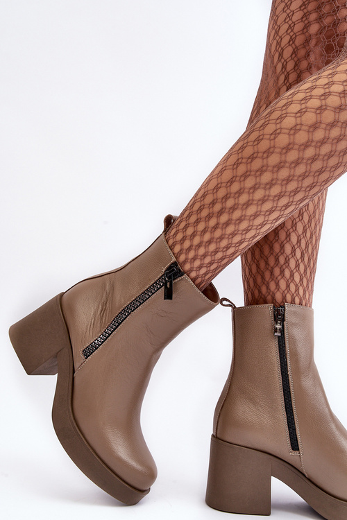 Kožené Botky S Masivním Podpatkem S Zipy Tmavě Béžové Lemar Littosa