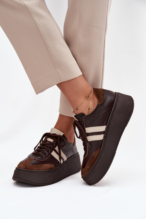 Kožené dámske tenisky na platforme Zazoo 3775 čokoládové