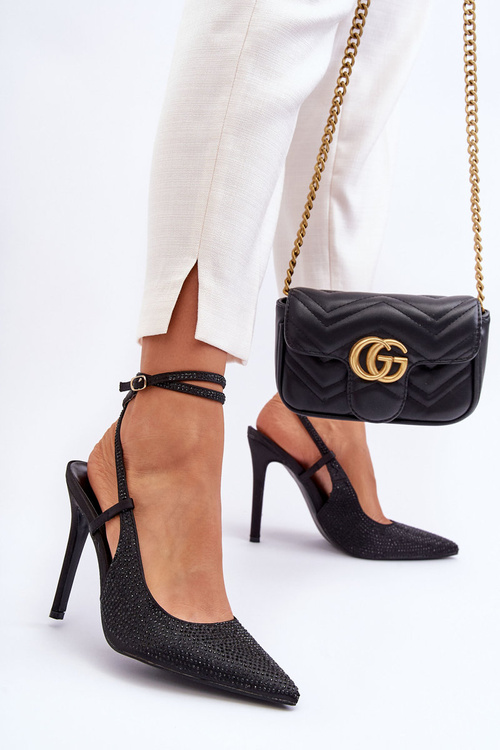 Klasické Špičaté Podpatky Zdobené Krystaly Černé Guda