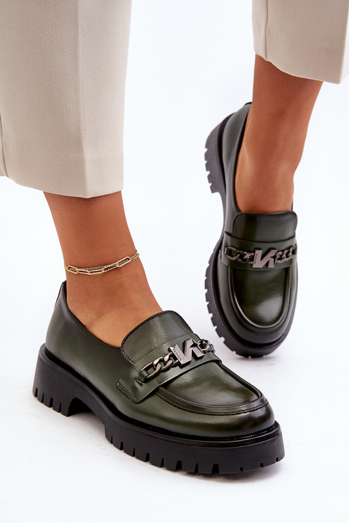 Dámské kožené mokasíny s ozdobou tmavě zelené Loraleima