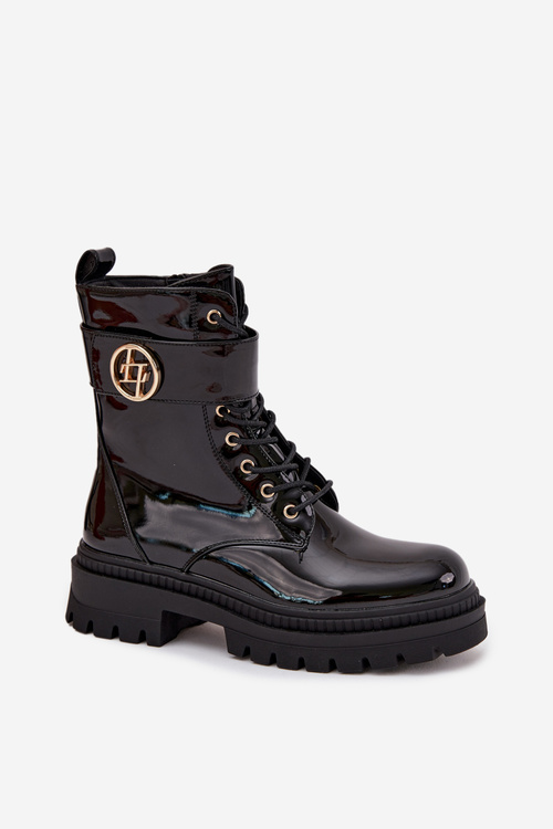 Lakované boty worker dámské se zlatým detailem zateplené černé Fiorena