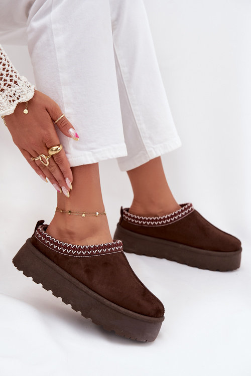 Nízké dámské sněhule s výšivkou na platformě čokoládové Narirya