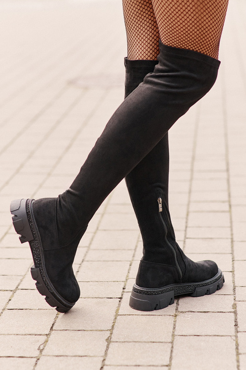 Dámské Kozačky Nad Kolena Eko Sametové Černé Irithalla