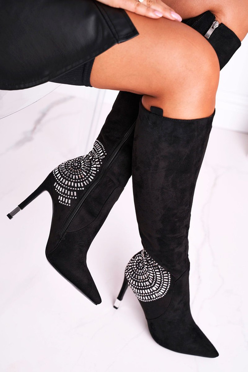 Dámské kozačky Na Vysokém Podpatku Semišové Černé Fashionable