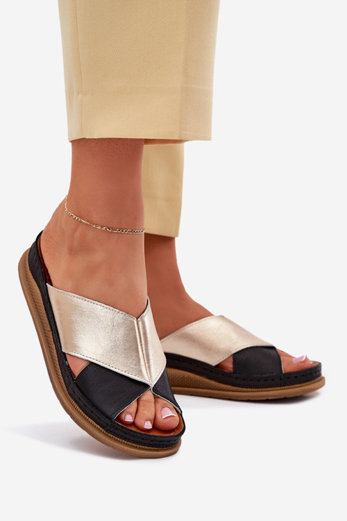 Dámske Kožené Sandále Na Platforme Maciejka L4986-25 Zlaté-Čierne