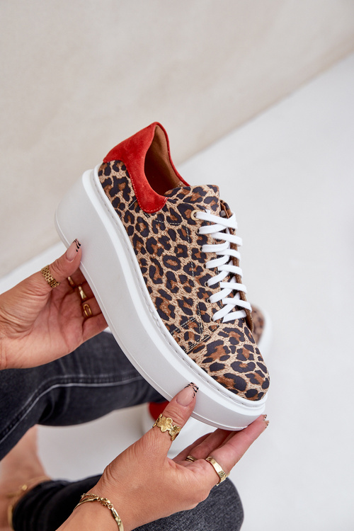 Kožené sneakerky na platformě s leopardím vzorem Zazoo 3346 hnědo-červené