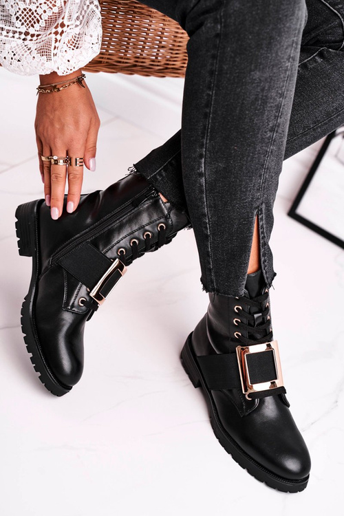 Dámské Kotníkové Boty Se Zlatou Sponou Černé Happy Su