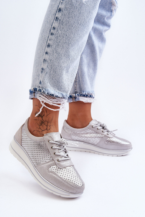 Kožené sportovní boty s perforací S.Barski AL22246 stříbrné