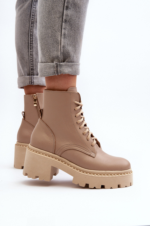 Zazoo 3413 Dámske kožené topánky na robustnom podpätku béžové