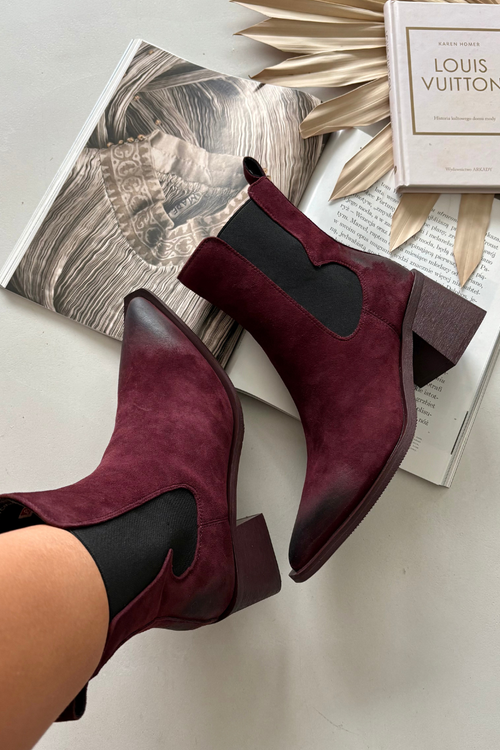 Kožené semišové dámské boty na podpatku vyhřívané Artiker 57C0048 bordó