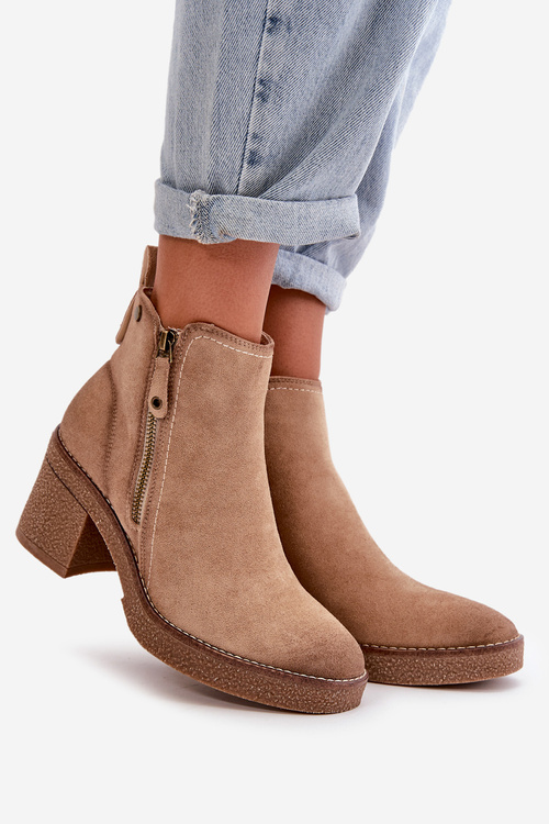 Zateplené dámske členkové topánky na opätku z eko semišu béžové Velarilla