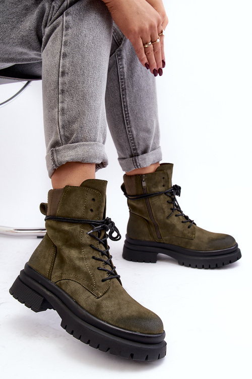 Dámské boty trapery na tlusté podrážce tmavě zelené Narelona