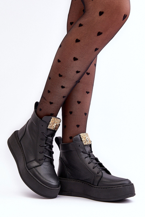 Čipky -upové dámske topánky s dekoráciou kožená čierna Nicole 2833