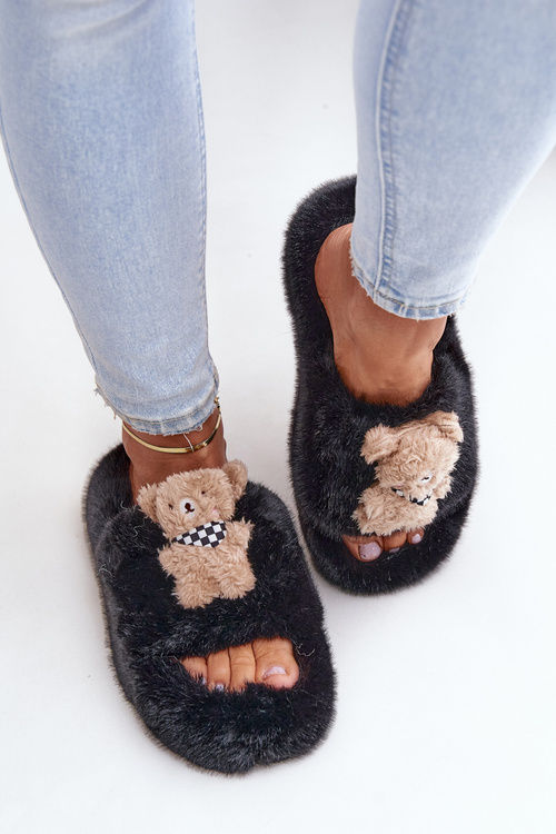 Dámské Kožešinové Pantofle S Medvídkem Černé Romania