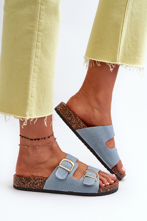 Dámske džínové žabky na korkovej platforme s popruhmi modré Doretta