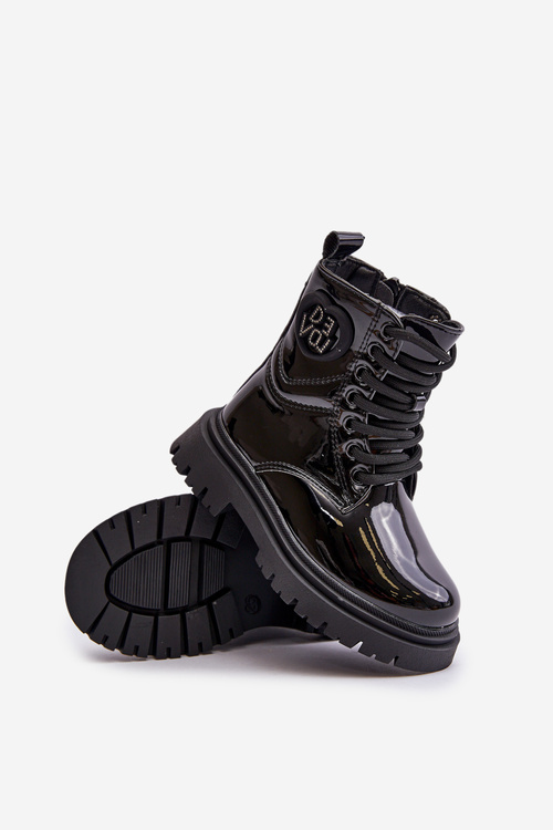 Lakované boty dívčí zateplené kožešinou na zip černé Evaliraea