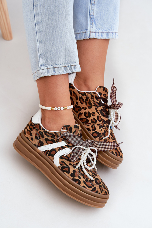 Dámské tenisky na platformě s ozdobami v panterovém vzoru hnědé Vinness