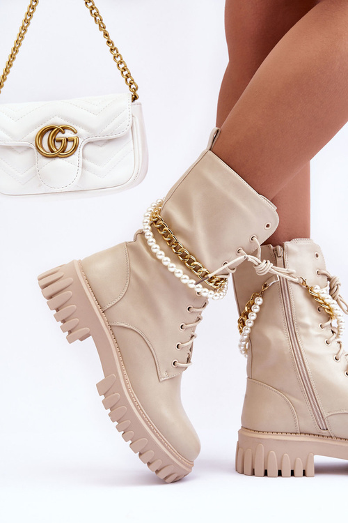 Kožené vysoké boty s řetízkem Bežová Nameer