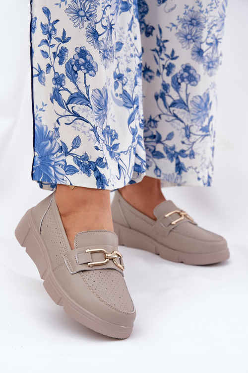 Dámské Kožené Mokasíny se Zlatým Detalem Ciemnobeżowe Vinceza 88007