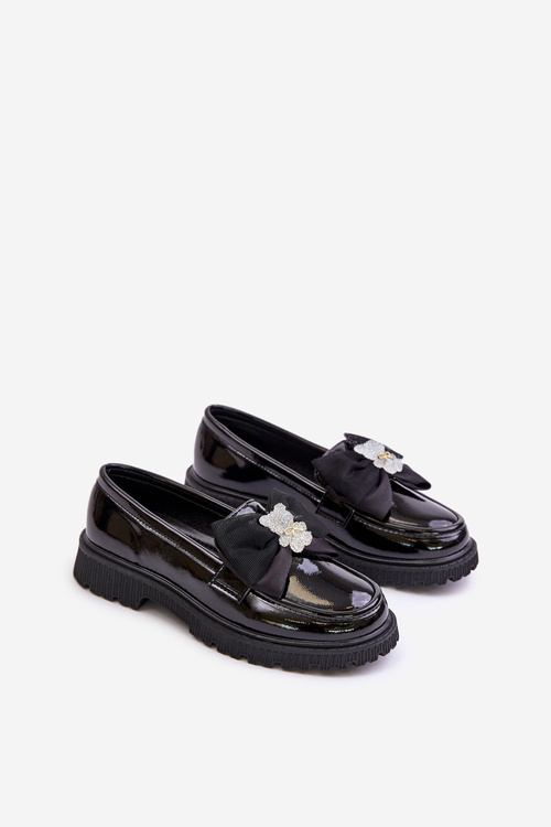 Lakovane Dievčenské Mokasíny S Mašľou Eko Koža Čierne Avallesa