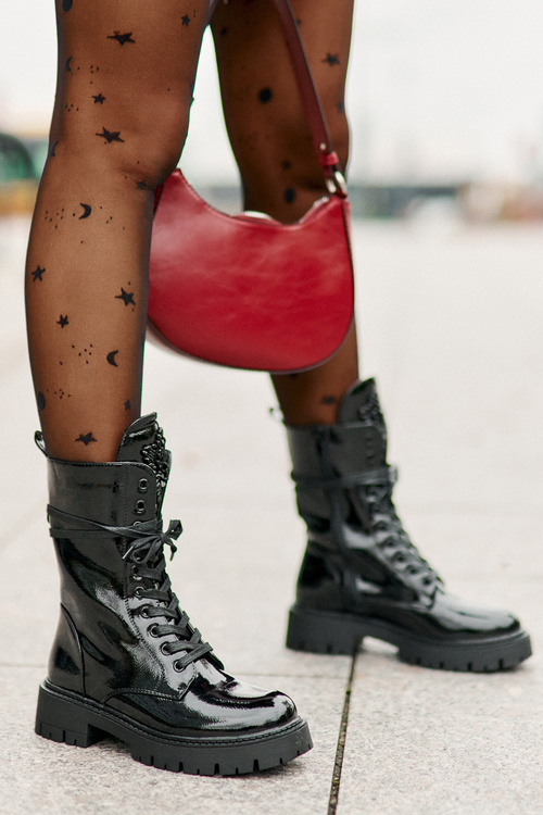 Lakované Zateplené Boty Pracovní Se Zdobením Černé Kelilea