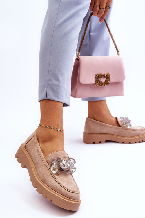 Módne semišové mokasíny s kryštálmi béžový demeris