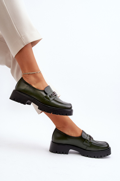 Dámske kožené mokasíny s ozdobou tmavozelené Loraleima