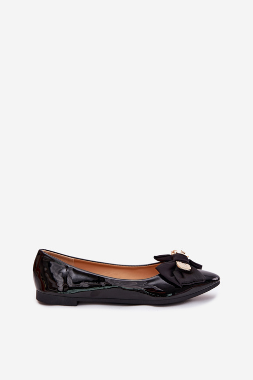 Lakovane baleríny s mašľou a zlatou brošňou čierne Rivona