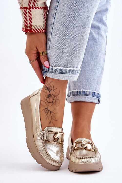 Zazoo 10141 Kožené Mokasíny na Platformě s Ozdobou Zlaté