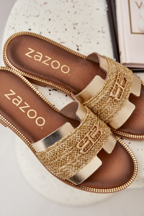 Kožené pantofle s ozdobným detailem a pletením Zazoo 40426 zlaté