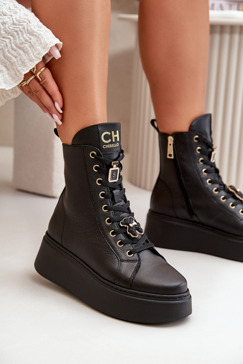 Dámské Kožené Boty Workery S Připínáky Černé CheBello 4294