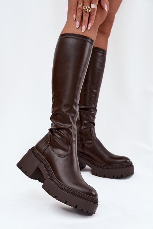 Dámské kozačky na masivním podpatku a platformě s nazouváním hnědé Florinne