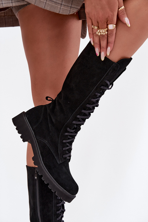 Semišové kotníkové boty se šněrováním do půli lýtka Zazoo 3103 Černé