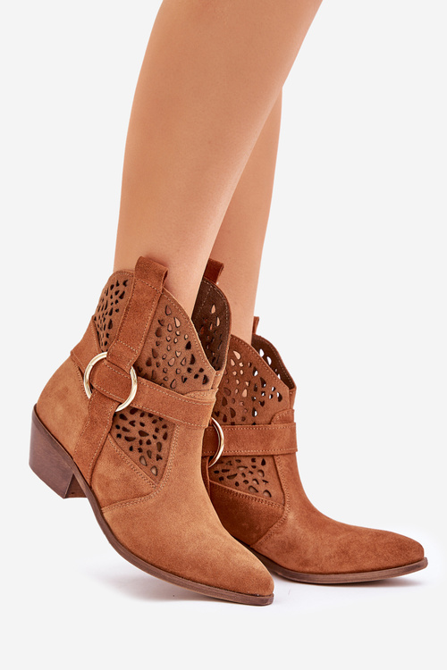 Semišové cowboy čižmy s perforáciou na podpätku 2994 Camel