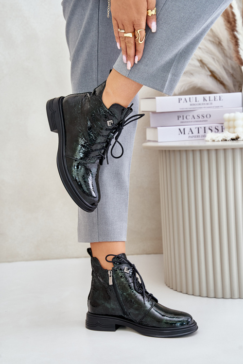 Kožené Lakované Čižmy Dámske Zateplené Na Zips D&A LZ42-042 Tmavozelené