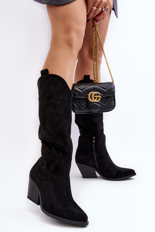 Dámské cowboyové kozačky na podpatku před koleno černé Oppore