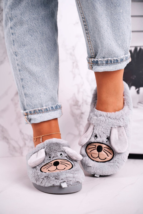 Dámské Kožené Myš Pantofle Šedé Home Sweet Home