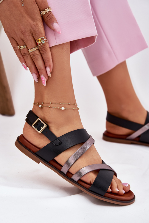 Dámské Sandály Na Plochém Podpatku S Pásky Černé Sergio Leone SK086H