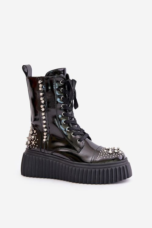 Lakovane Čižmy S Dekoráciou Na Platforme D&A MR880-079 Čierne