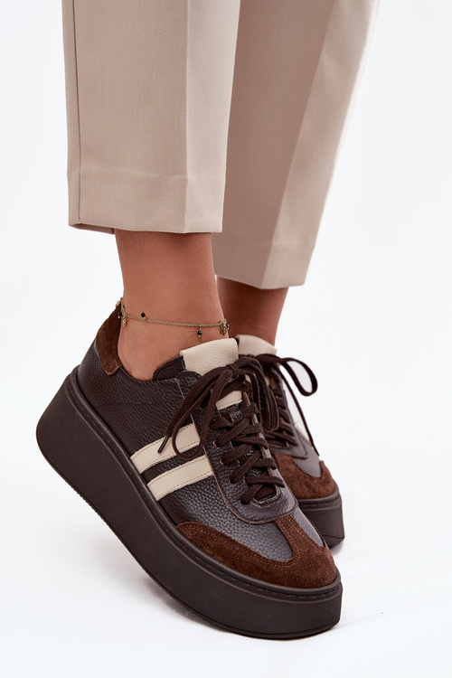 Kožené dámske tenisky na platforme Zazoo 3775 čokoládové