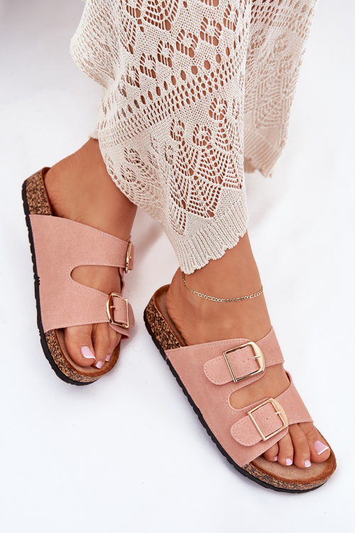 Dámske sandále na korkovej platforme so zlatými prackami ružové Lisavionea