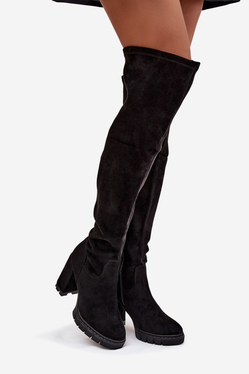 Dámske čižmy nad koleno na platforme ekologická semišová čierna Tahlina