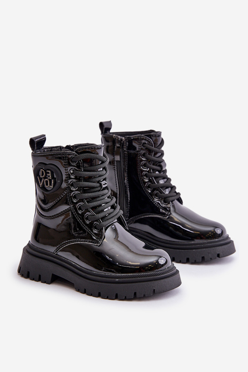 Lakované boty dívčí zateplené kožešinou na zip černé Evaliraea