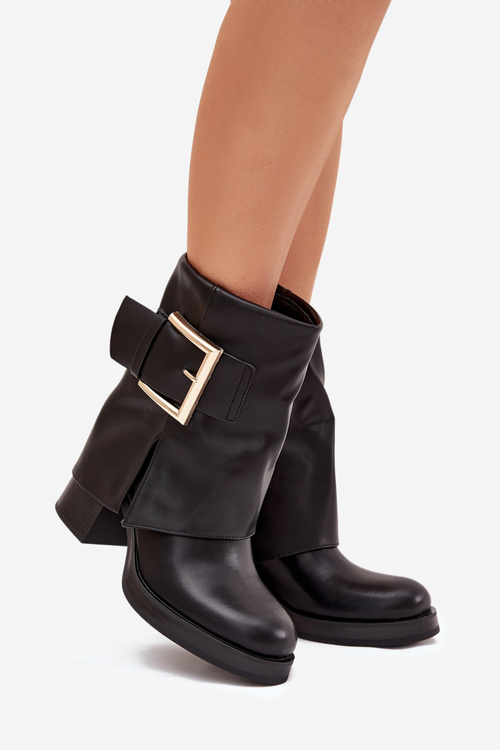 Dámske Zateplené Čižmy Na Opätku So Zlatou Sponou Čierne Milira