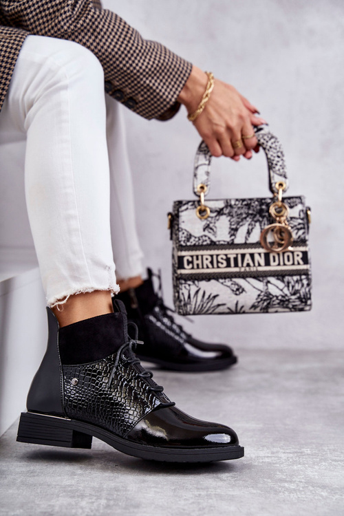 Lakované teplé šněrované boty černé Cathrine