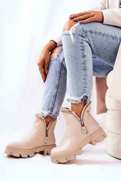 Kožené boty Ozdobné zipy Béžová Deborah