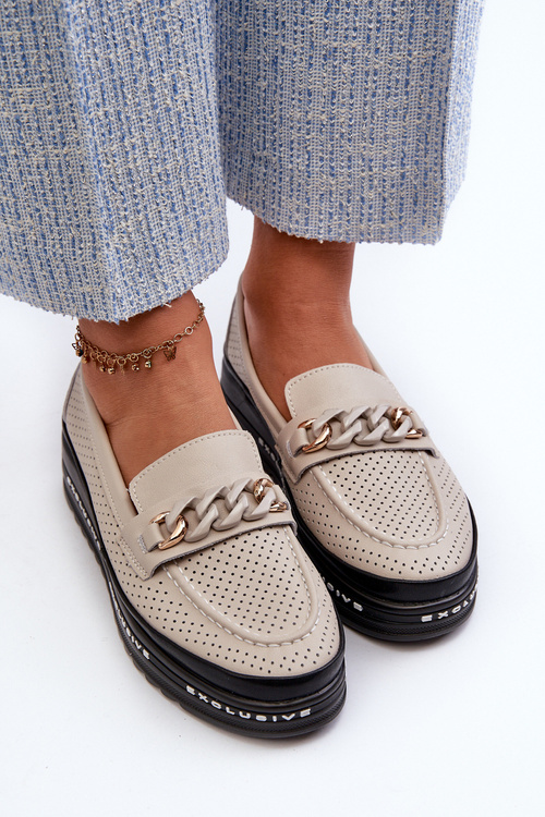 Dámské kožené mokasíny na platformě s řetízkem S.Barski LR618 béžové